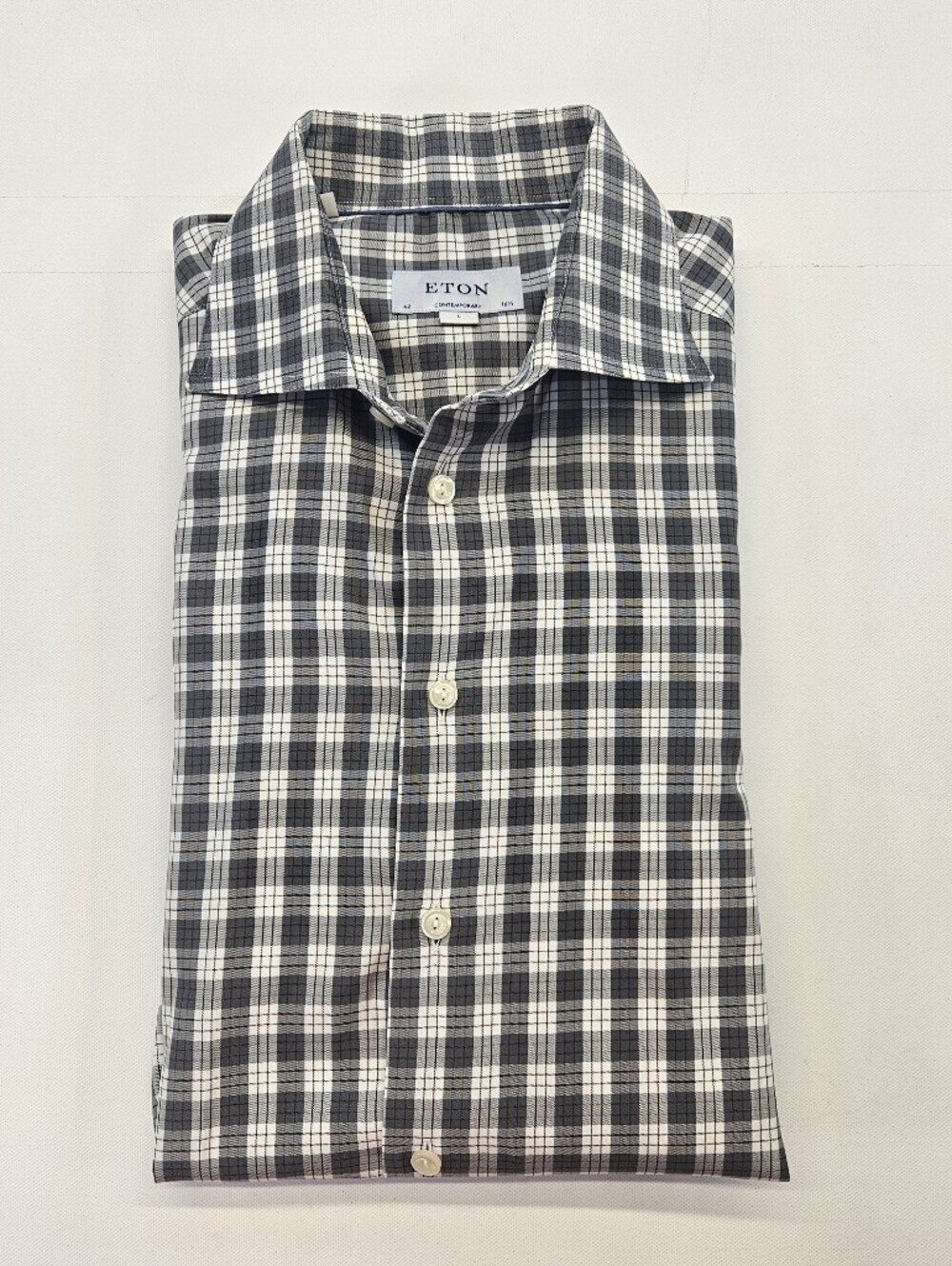 Eton of Sweden Gray White Check Cotton Signature Twill Dress Shirt Large 42 16.5